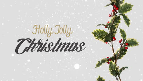 Animation-of-holly-jolly-christmas-text-and-snow-falling-over-winter-scenery