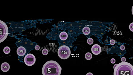 Animation-Der-4G--Und-5G-Text--Und-Datenverarbeitung-über-Einer-Weltkarte-Auf-Schwarzem-Hintergrund