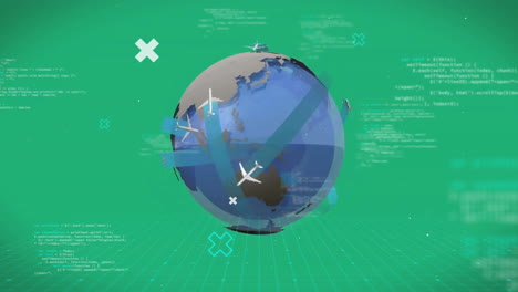Animation-of-globe-with-planes-and-data-processing-over-green-background