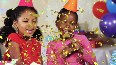 Animation-of-gold-confetti-falling-over-happy-diverse-girls-celebrating-at-birthday-party
