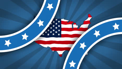 Animation-of-stripes-with-stars-over-map-with-flag-of-usa-on-blue-background