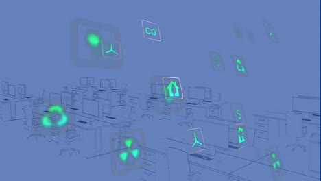 Animation-of-sustainable-icons-floating-over-digital-workspace-in-office
