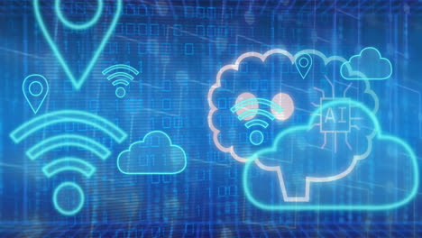 Animation-of-brain-binary-codes,-clouds,-wi-fi,-robot-and-speech-bubbles-against-blue-background