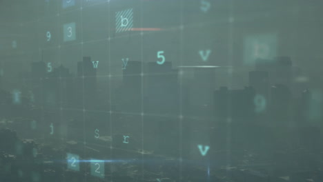 Animation-of-cyber-warning-text-and-data-processing-over-cityscape