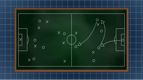 Animation-of-arrow-on-soccer-court-with-grid-pattern-on-blue-background