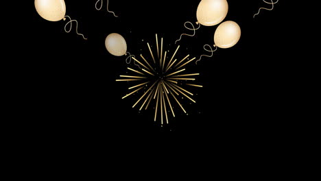 Animation-of-balloons-and-fireworks-display-against-black-background