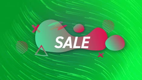 Animation-of-sale-text-with-shapes-over-light-trails-on-green-background