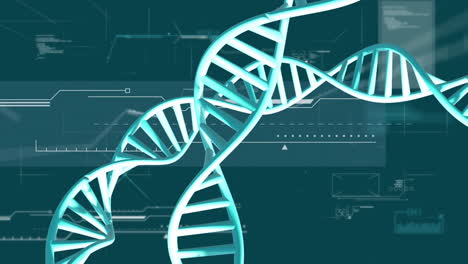 Animation-Von-Sich-Drehenden-DNA-Strängen-Mit-Datenverarbeitung-Auf-Grünem-Hintergrund