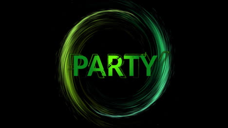 Animation-of-green-party-text-and-circle-of-light-trail-on-black-background