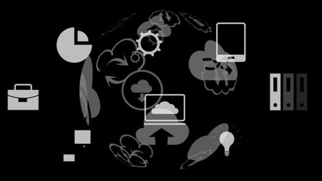 Animation-Von-Symbolen-Und-Datenverarbeitung-über-Dem-Globus-Auf-Schwarzem-Hintergrund