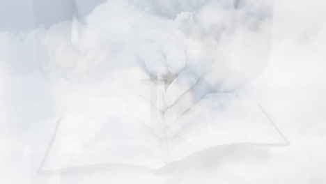 Animation-of-clouds-over-hands-with-book-and-cross