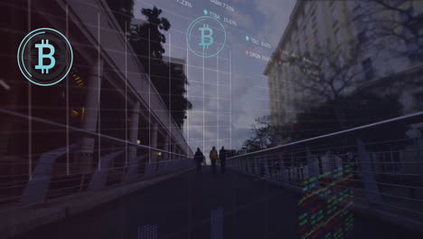 Animation-of-data-processing-and-bitcoin-symbols-over-people-walking-on-street
