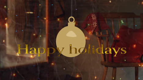 Animation-of-happy-holiday-text-and-swinging-bauble-over-unoccupied-chair-with-santa-bag
