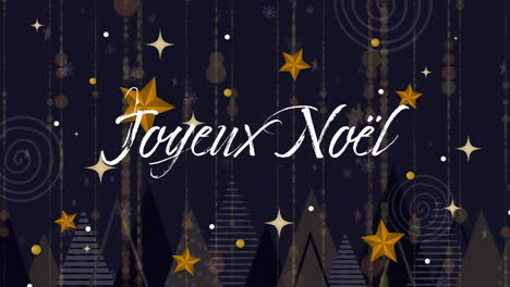Animation-of-joyeux-noel-text-and-snow-falling-over-winter-scenery