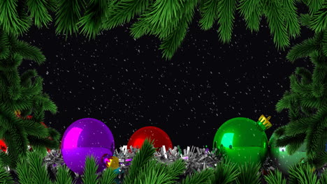 Animation-of-snow-falling-over-christmas-tree-branches-and-baubles-with-copy-space