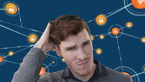 Animation-of-confused-caucasian-man-with-network-of-online-shopping-and-security-icons-on-blue