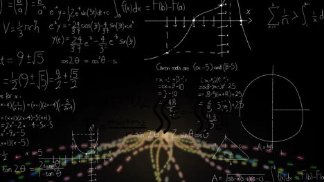 Animation-of-mathematical-data-processing-over-light-trails-on-black-background