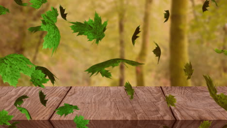 Animation-Von-Blättern,-Die-über-Eine-Holztischplatte-Wehen,-Und-Bäumen-Im-Wald