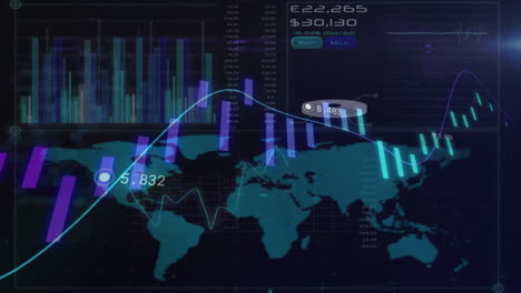 Animation-of-financial-data-processing-over-world-map-on-dark-background