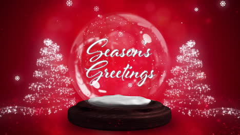 Animation-of-seasons-greetings-text-over-snow-globe-and-tress-on-red-background