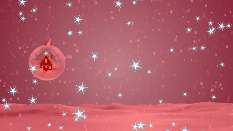 Animation-Von-Schnee,-Der-über-Weihnachtskugeln-In-Einer-Winterlandschaft-Fällt