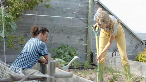 Happy-diverse-couple-working-in-garden-and-planting-plants,-slow-motion