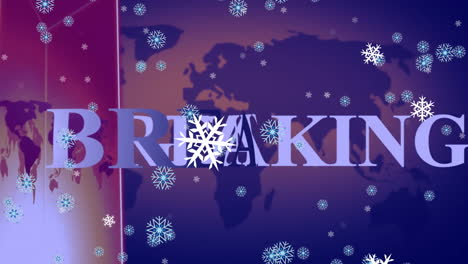 Animation-of-falling-snowflakes-and-breaking-news-text-over-continents-on-purple-background