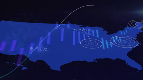 Animation-Von-Statistiken-Und-Datenverarbeitung-über-Der-Karte-Der-USA-Auf-Dunklem-Hintergrund