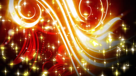 Animation-of-snow-falling-and-glowing-lights-over-light-trail-pattern-on-red-background