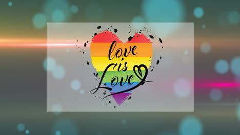 Animation-of-love-is-love-text-in-rainbow-colored-heart-with-lens-flares-against-abstract-background