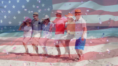 Animation-of-flag-of-usa-over-caucasian-senior-friends-on-beach-in-summer