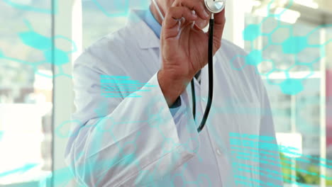 Animation-of-medical-data-processing-over-smiling-caucasian-senior-male-doctor-with-stethoscope