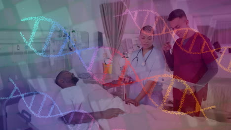 Animation-of-dna-strand-over-diverse-male-patient-and-doctors-in-hospital