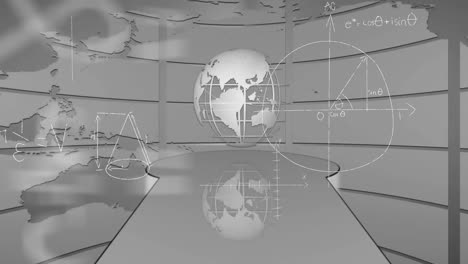 Animation-of-mathematical-data-processing-over-globe-on-grey-background
