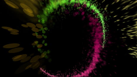 Animation-of-colourful-light-trails-and-spots-forming-circles-on-black-background