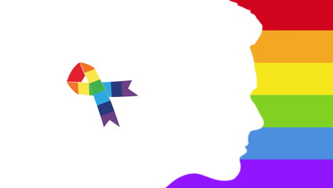 Animation-of-rainbow-ribbon-and-male-profile-over-rainbow-background
