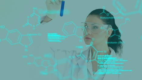 Animation-of-data-processing-and-chemical-formula-over-caucasian-female-scientist-in-lab