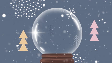 Animation-of-snow-falling-over-christmas-snow-globe-and-winter-scenery