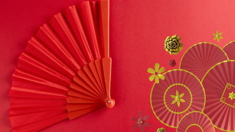Animation-of-chinese-pattern-with-copy-space-on-red-background