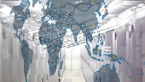 Animation-of-map-and-computer-language-over-data-server-room