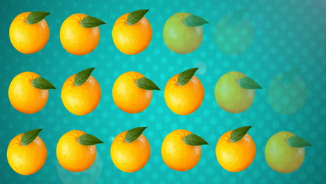 Animation-Von-Orangen-In-Reihen-Auf-Grünem-Hintergrund-Mit-Weißen-Flecken