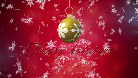 Animation-of-happy-holidays-text-with-hanging-baubles-over-falling-snowflakes-against-red-background