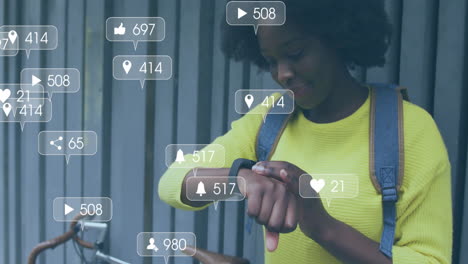 Animation-of-social-media-notifications-over-happy-african-american-woman-using-smartwatch