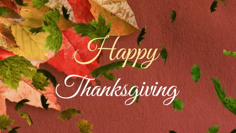 Animation-of-happy-thanksgiving-text-leaves-flying-over-leaves-against-abstract-background