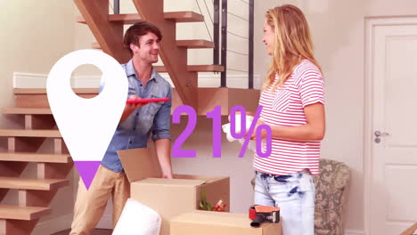 Animation-of-purple-location-pin-and-percent-over-caucasian-couple-with-boxes-moving-in-to-new-home