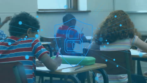 Animation-of-padlock-and-network-over-schoolchildren-working-at-desks-in-class