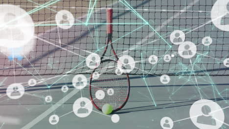 Animation-of-network-of-people-icons-and-data-over-sunset-sky-and-tennis-racket-by-net-on-court