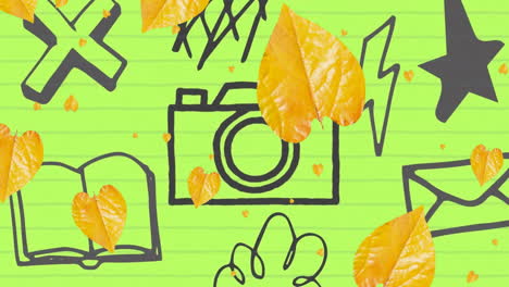 Animation-of-yellow-leaves-over-hand-drawing-camera-and-communication-icons-on-green-background