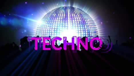 Animation-of-techno-text-over-silhouettes-of-dancing-people-and-flashing-lights-on-black-background