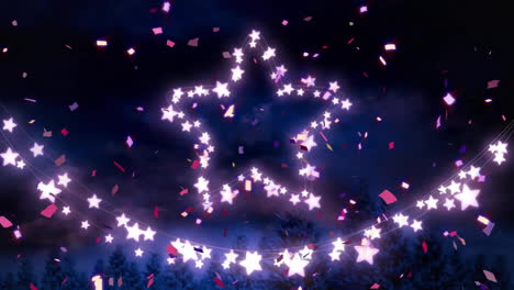 Animation-of-confetti-falling-and-star-fairy-lights-over-blue-background
